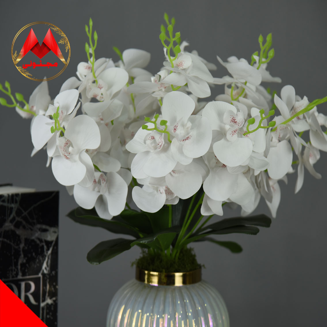 خرید گل ارکیده مصنوعی لمسی سفید با گلدان شیشه‌ای