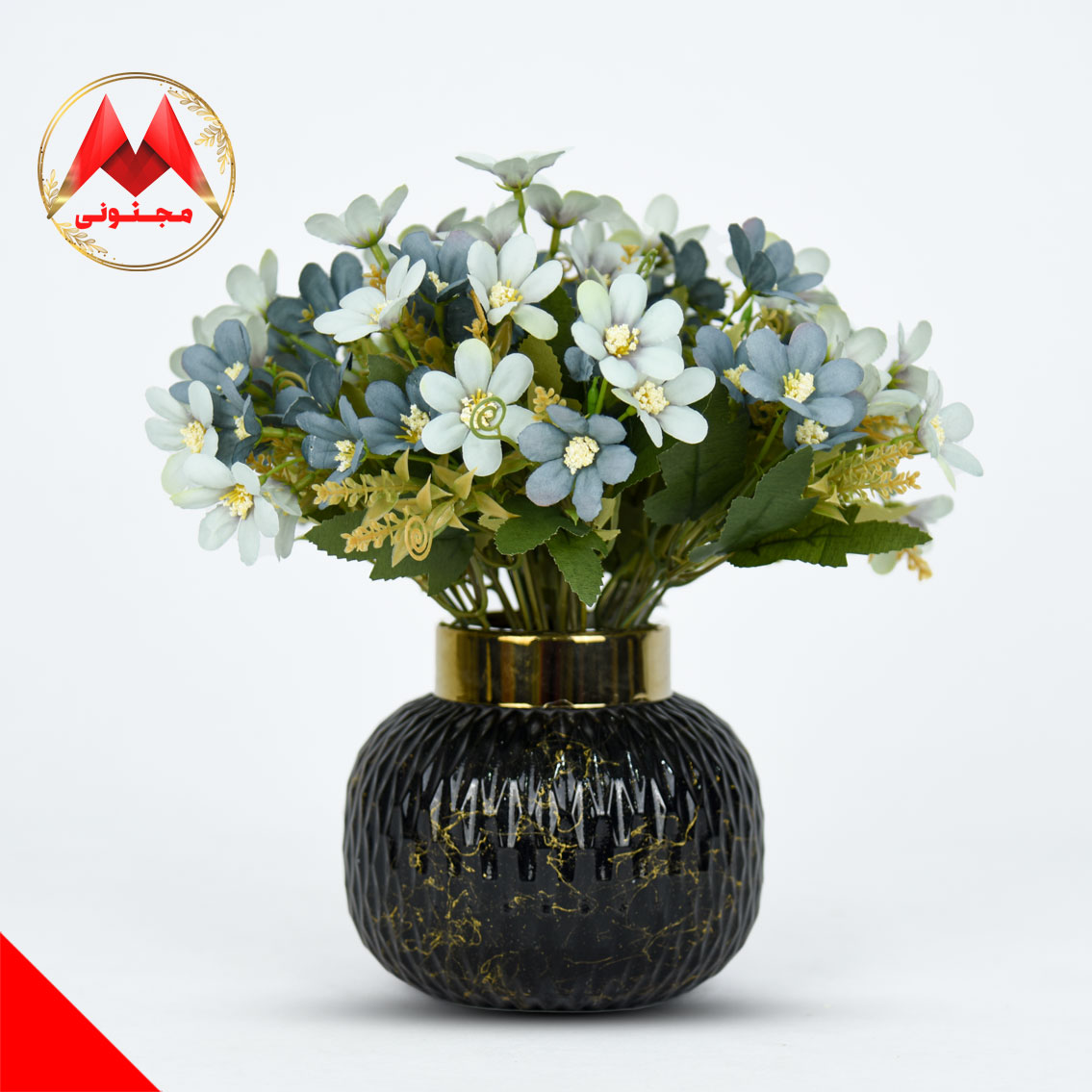 خرید گل ستاره‌ای با رنگ آبی و گلدان شیشه‌ای | فروش گل رومیزی از مجنونی