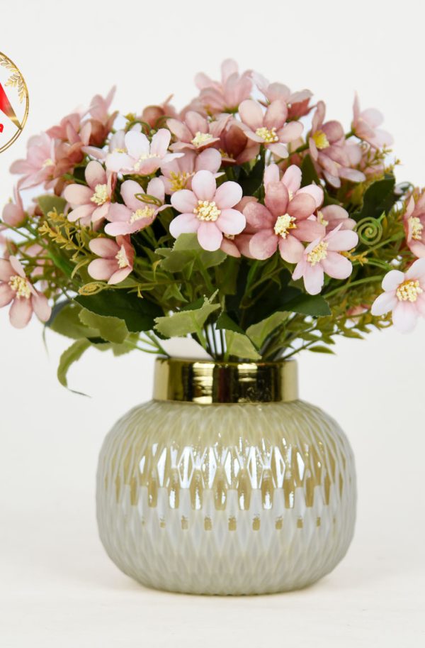 خرید گل مصنوعی بابونه و آنچوزا صورتی تیره با گلدان | شیک و مناسب جلو مبلی