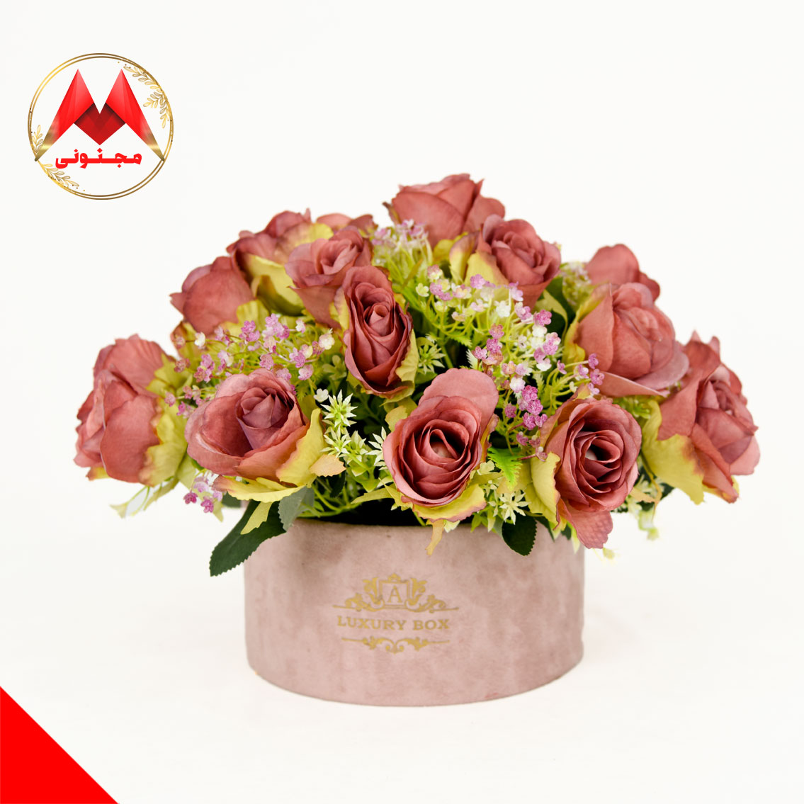 خرید باکس گل مصنوعی رز صورتی | باکس گل لاکچری و وارداتی مجنونی